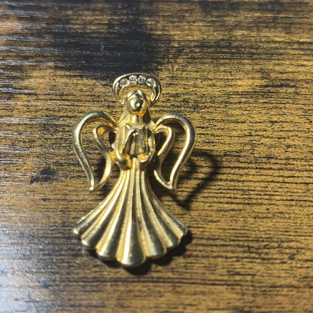 AVON 1992 RHINESTONE HALO HEAVENLY ANGEL PRAYING GOLD PLATE PIN BROOCH